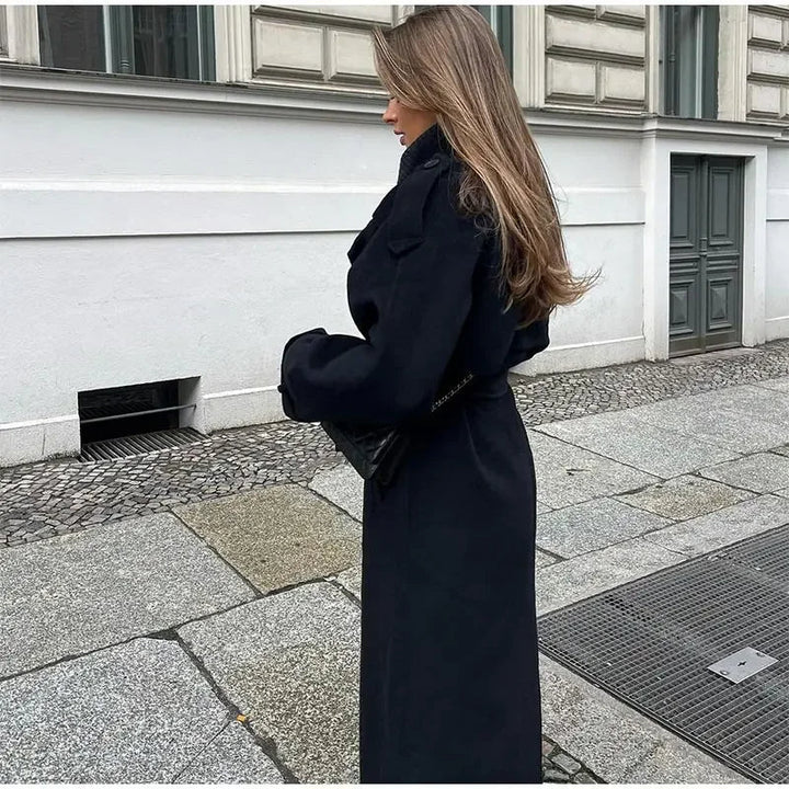 Women's Double-Breasted Long Coat with Notched Collar | Maxi