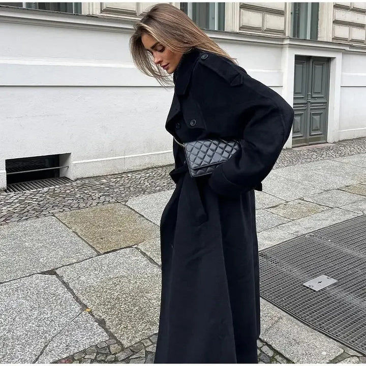 Women's Double-Breasted Long Coat with Notched Collar | Maxi