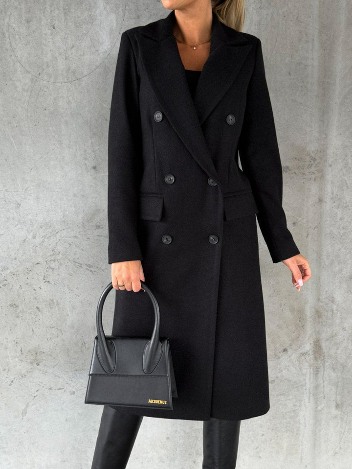 Women's Double-Breasted Long Coat with Notched Collar | Midi