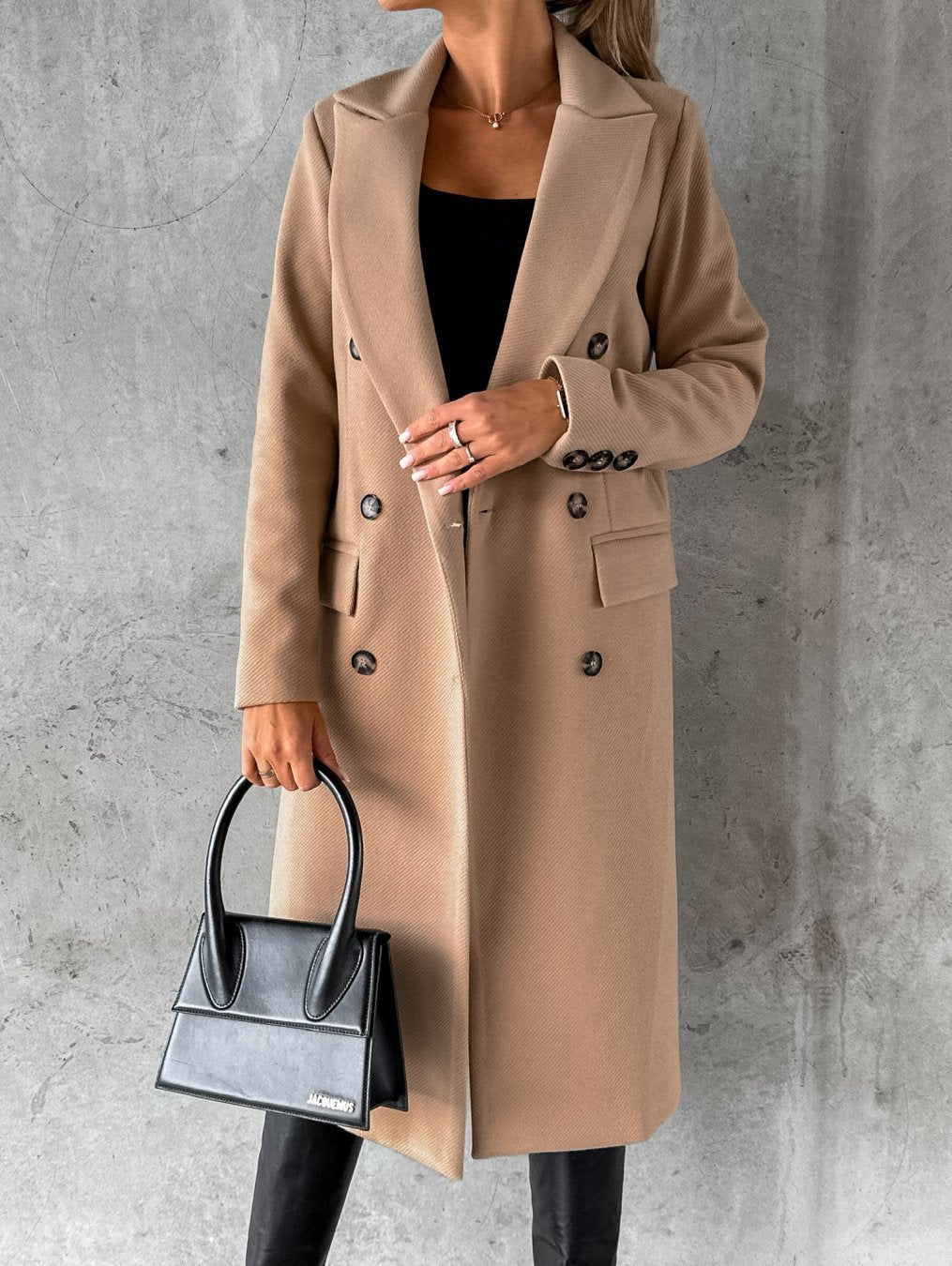 Women's Double-Breasted Long Coat with Notched Collar | Midi