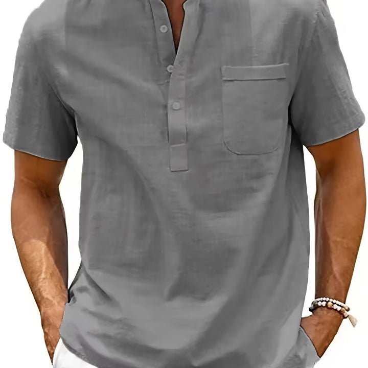 Men's Henley Shirt | Short Sleeve Regular Fit Shirt | Stand Collar | Summer Casual Style
