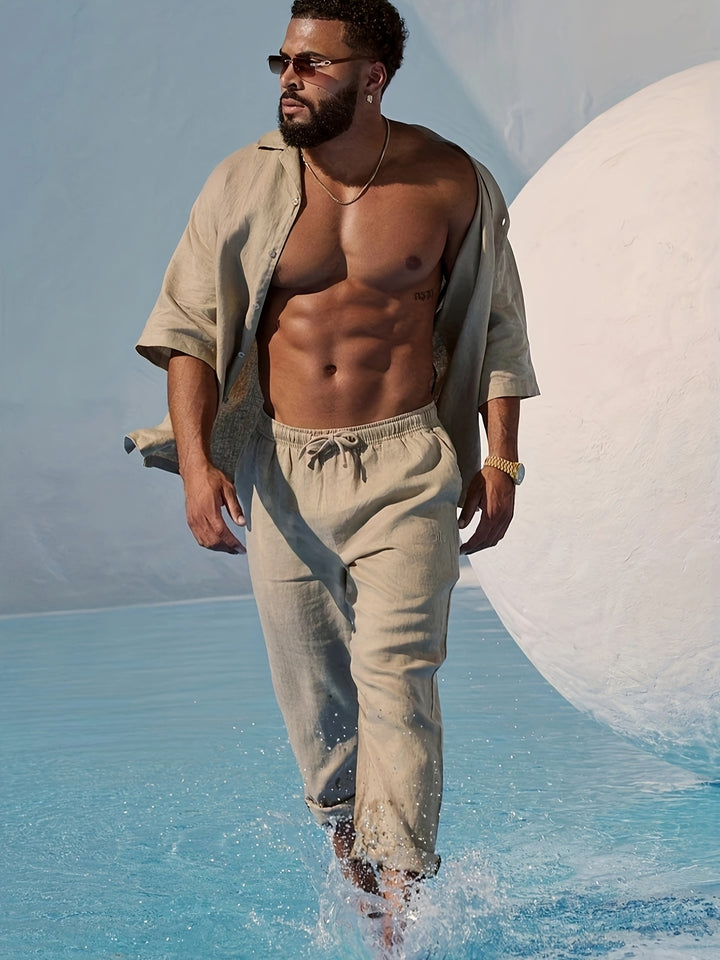 Men's Summer Beach Set Shirt with Buttons and Drawstring Waist Pants Set | Vacation Style