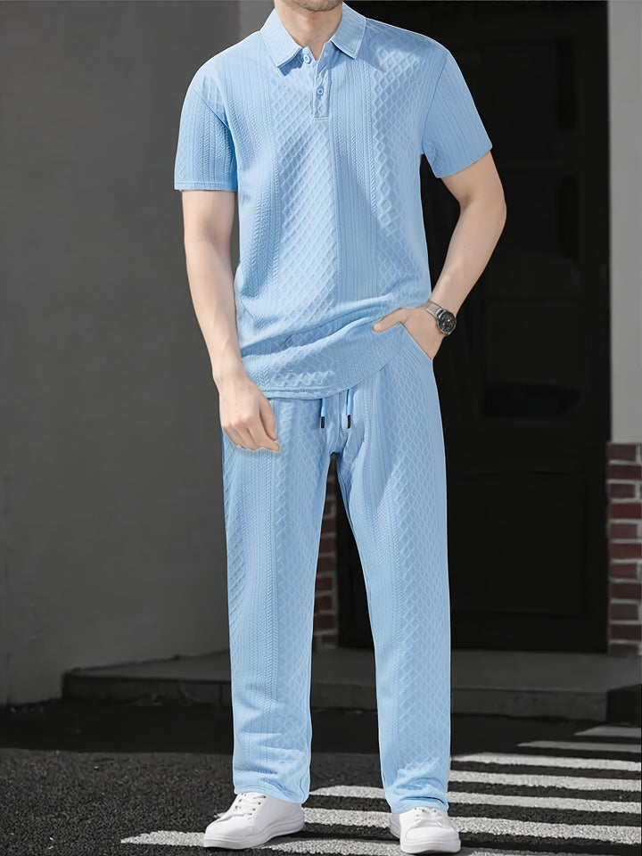 Męski Zestaw T Shirt Krótki Rękaw Kołnierz i Spodnie Sznurek Zestaw | Polo
