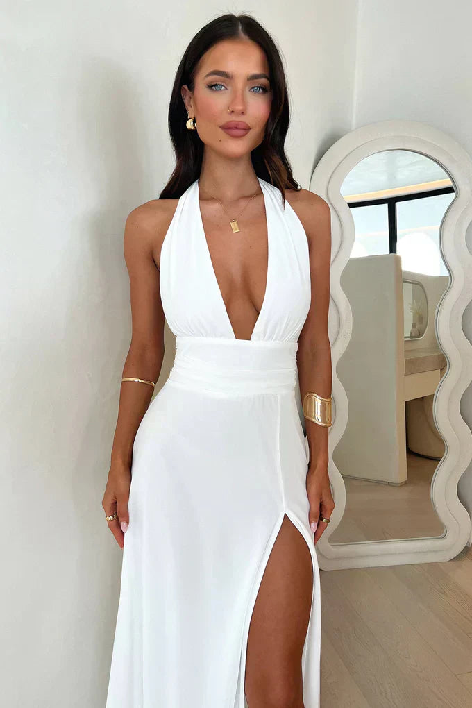 Women's Halter Deep V-Neck High Slit Sleeveless Dress | Maxi