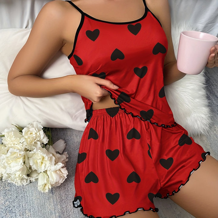 Women's Pajama Set with Straps and Heart Pattern with Ruffled Hem | Nightwear