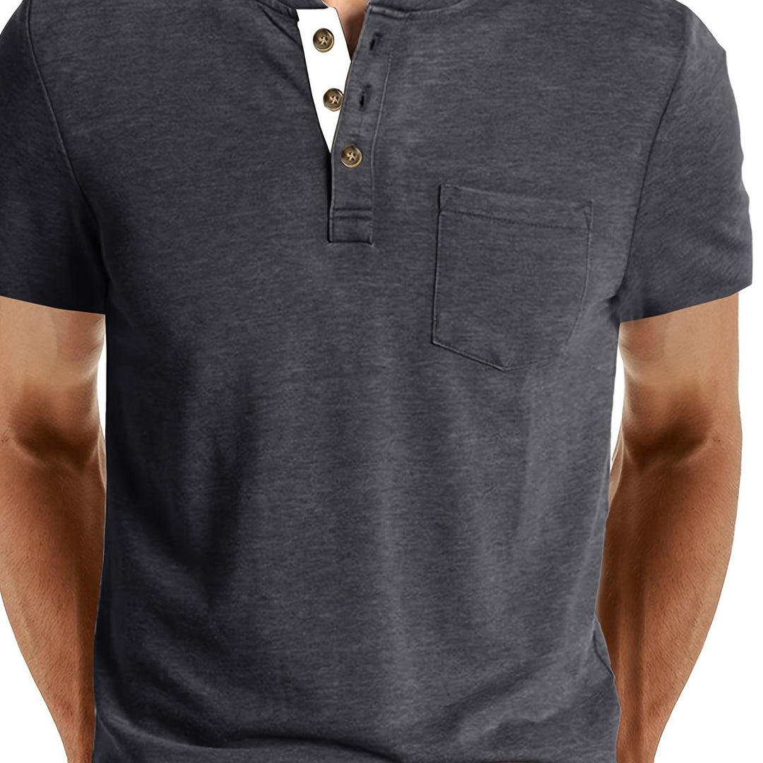 Męska Koszulka Henley | Koszulka Regular Fit z Krótkim Rękawem | Guziki i Kieszeń Na Piersi | Casualowy Styl Letni