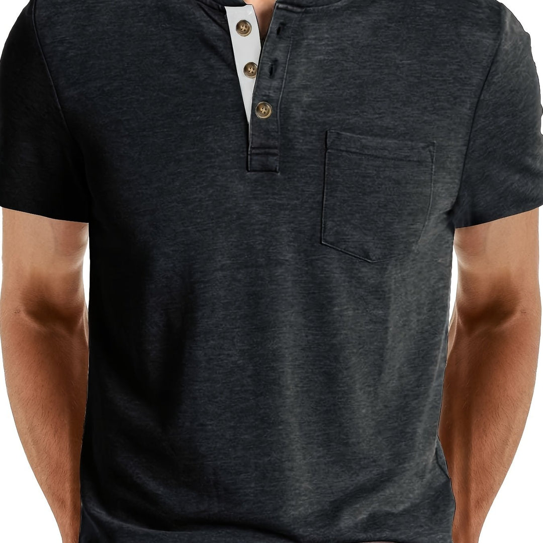 Męska Koszulka Henley | Koszulka Regular Fit z Krótkim Rękawem | Guziki i Kieszeń Na Piersi | Casualowy Styl Letni