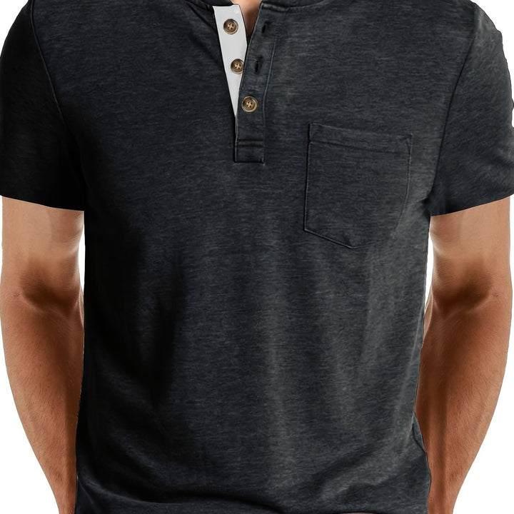 Męska Koszulka Henley | Koszulka Regular Fit z Krótkim Rękawem | Guziki i Kieszeń Na Piersi | Casualowy Styl Letni