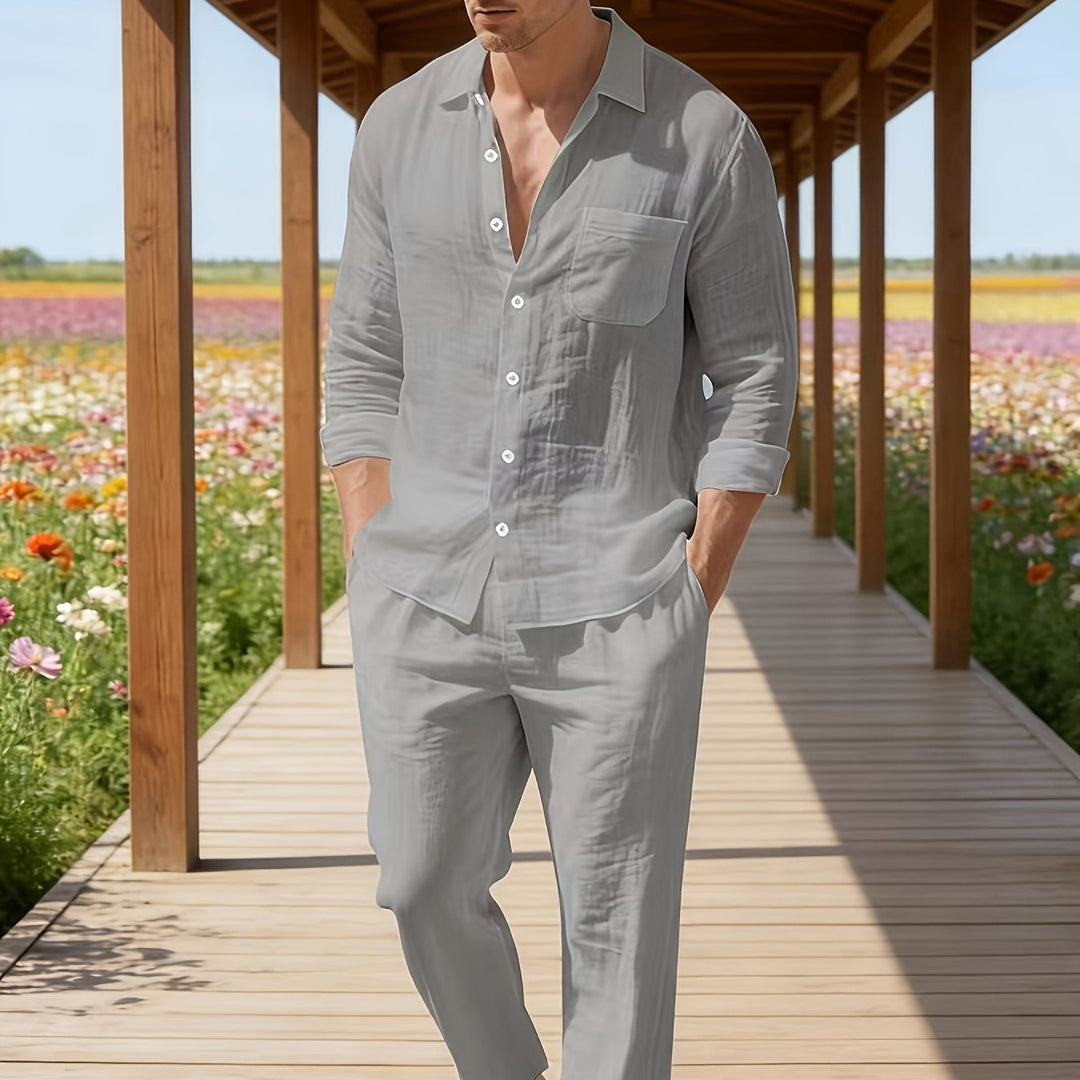 Men's Set Long Sleeve Button Shirt and Straight Leg Pants Set | Drawstring