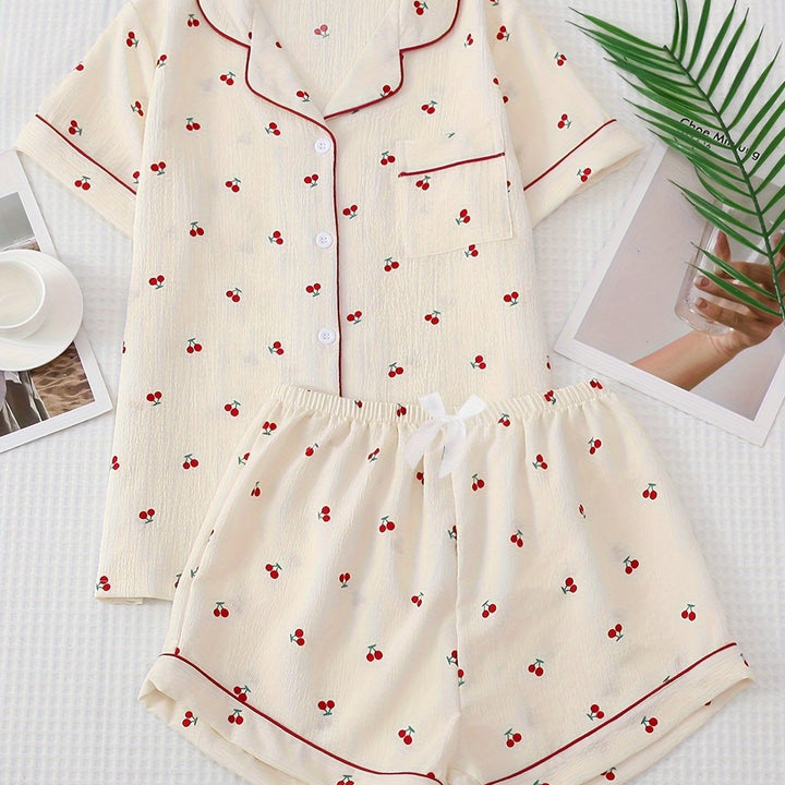 Women's Pajama Set in Cherry with Button-Up Shirt and Shorts | Nightwear