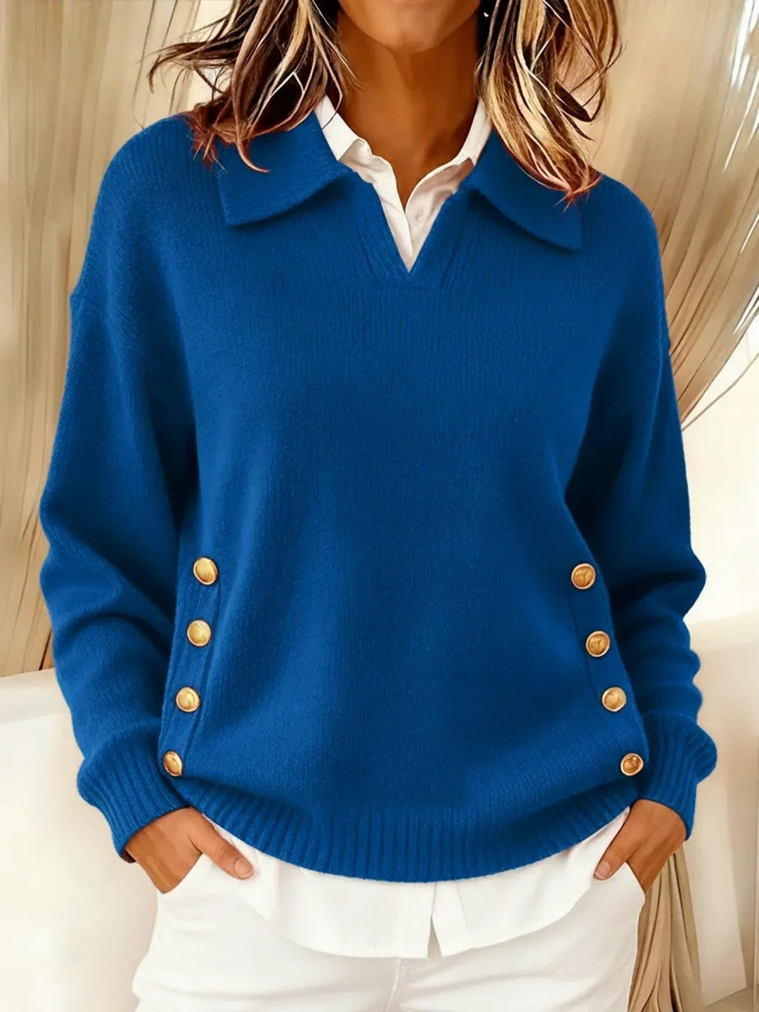 Damski sweter w serek z kołnierzem polo