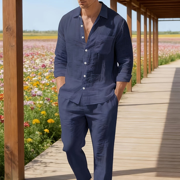 Men's Set Long Sleeve Button Shirt and Straight Leg Pants Set | Drawstring