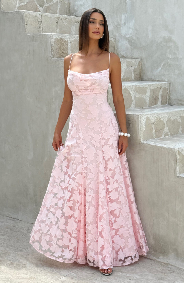 Women's Textured Floral Pattern Spaghetti Strap Flared Maxi Dress