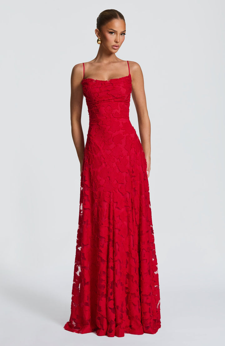 Women's Textured Floral Pattern Spaghetti Strap Flared Maxi Dress