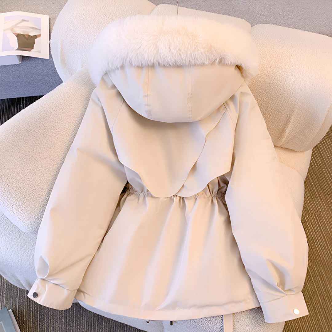 Women's Winter Jacket with Hood, Faux Fur, and Waist Tie | Down Jacket