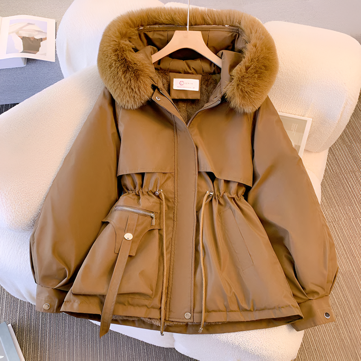 Women's Winter Jacket with Hood, Faux Fur, and Waist Tie | Down Jacket