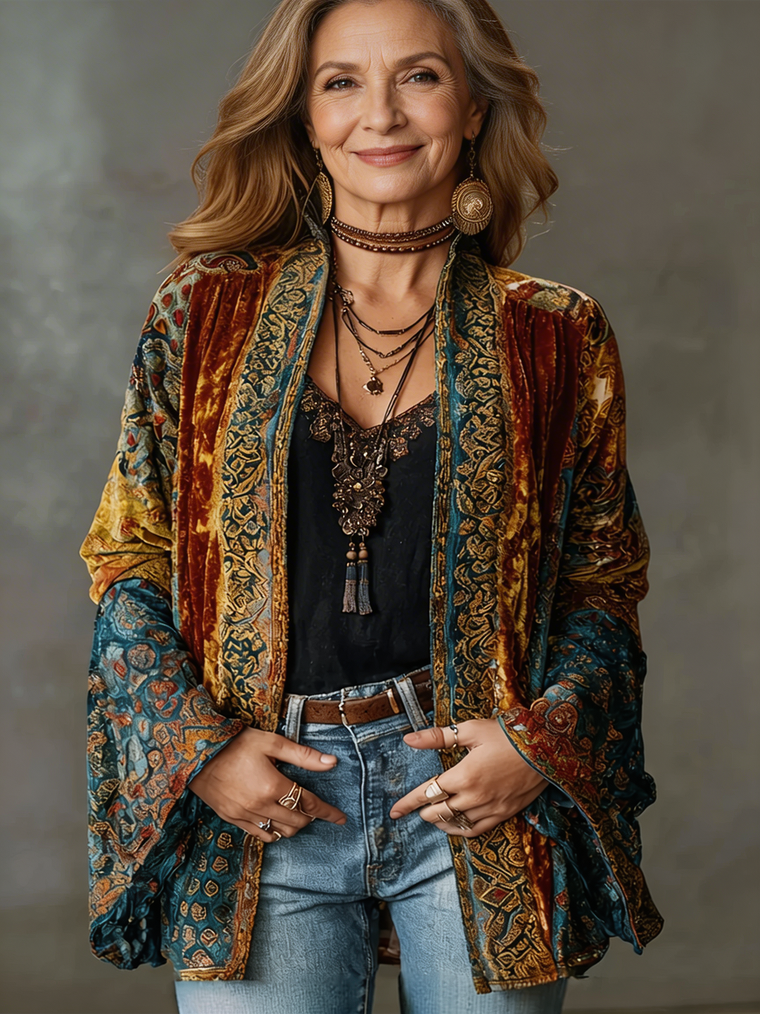 Damskie kimono boho z wzorem w bordowym kolorze