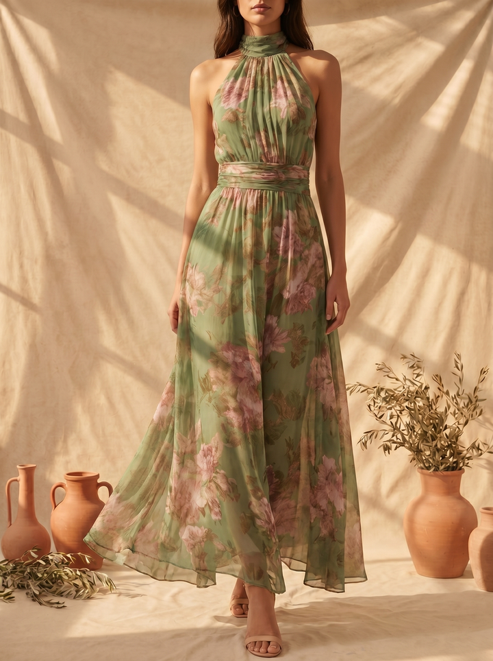 Damska sukienka maxi w kwiaty z dekoltem halter