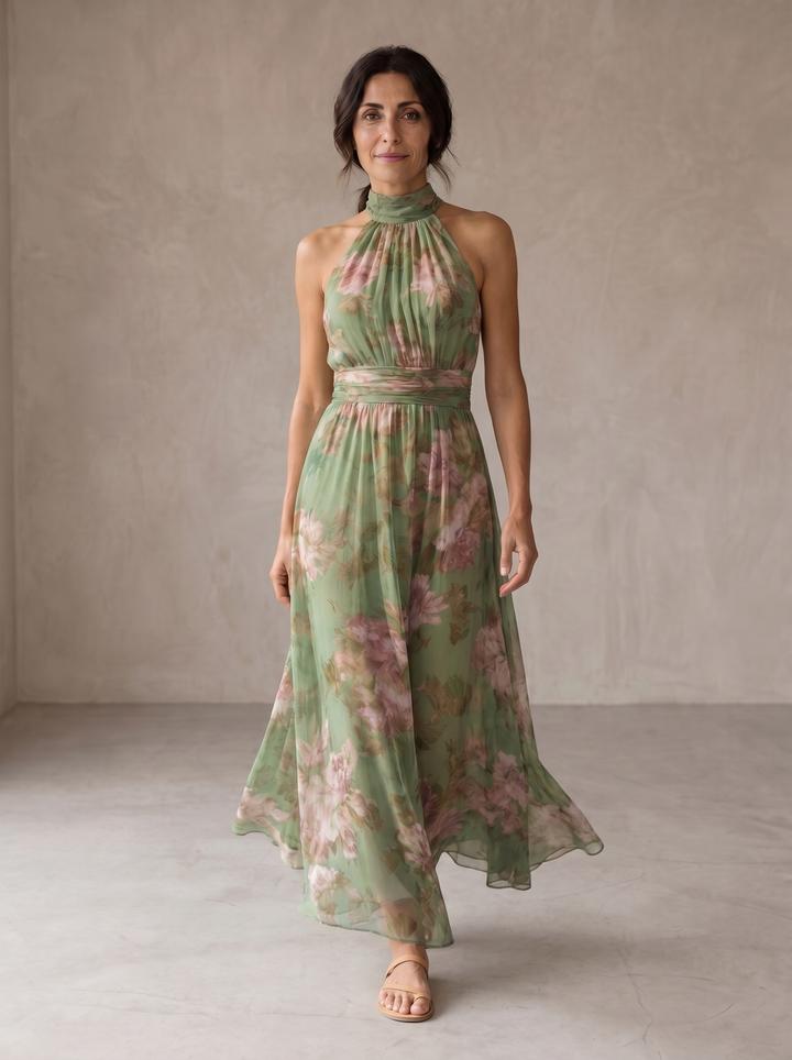 Damska sukienka maxi w kwiaty z dekoltem halter
