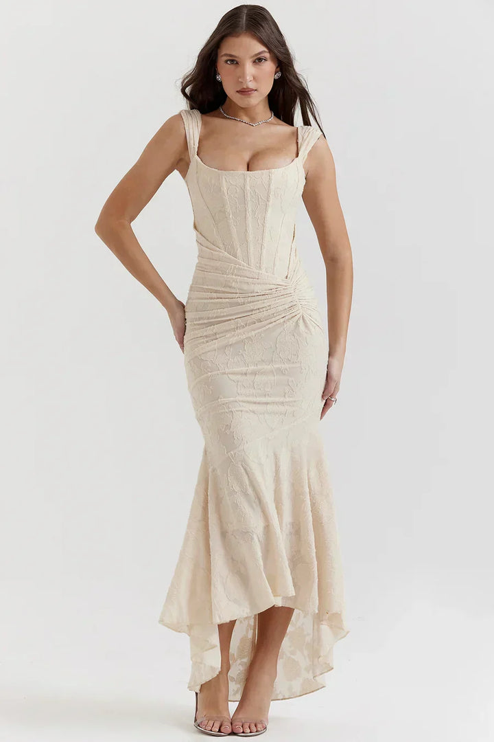 Women's Square Neck Ruched Waist Fishtail Hem Sleeveless Dress | Midi