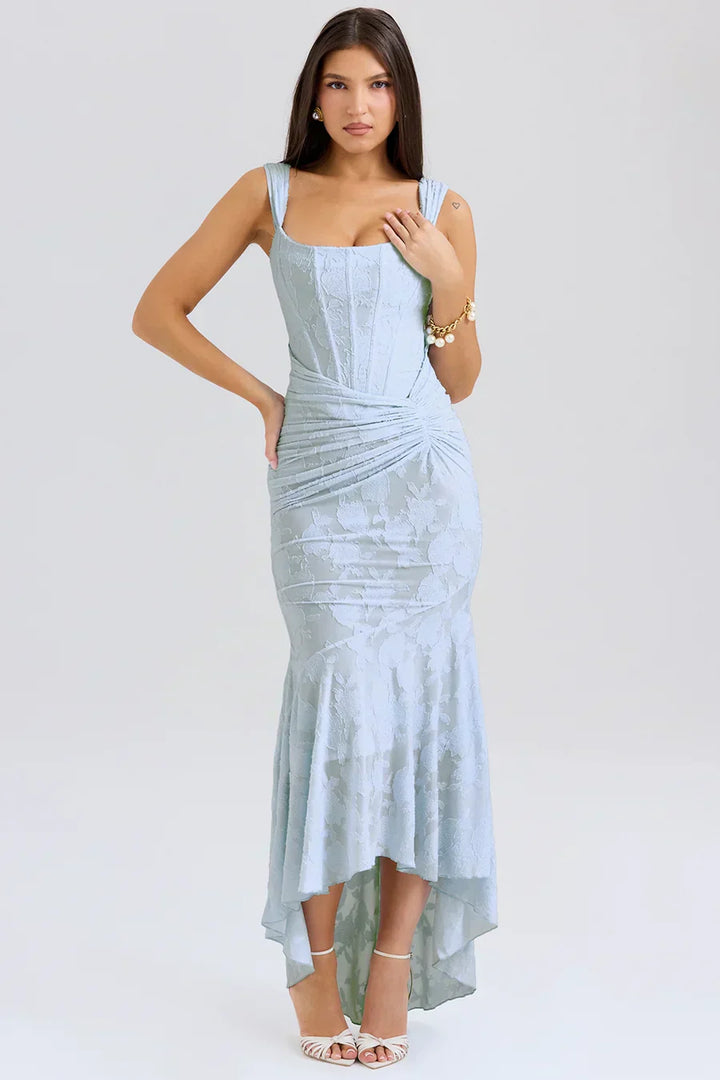 Women's Square Neck Ruched Waist Fishtail Hem Sleeveless Dress | Midi