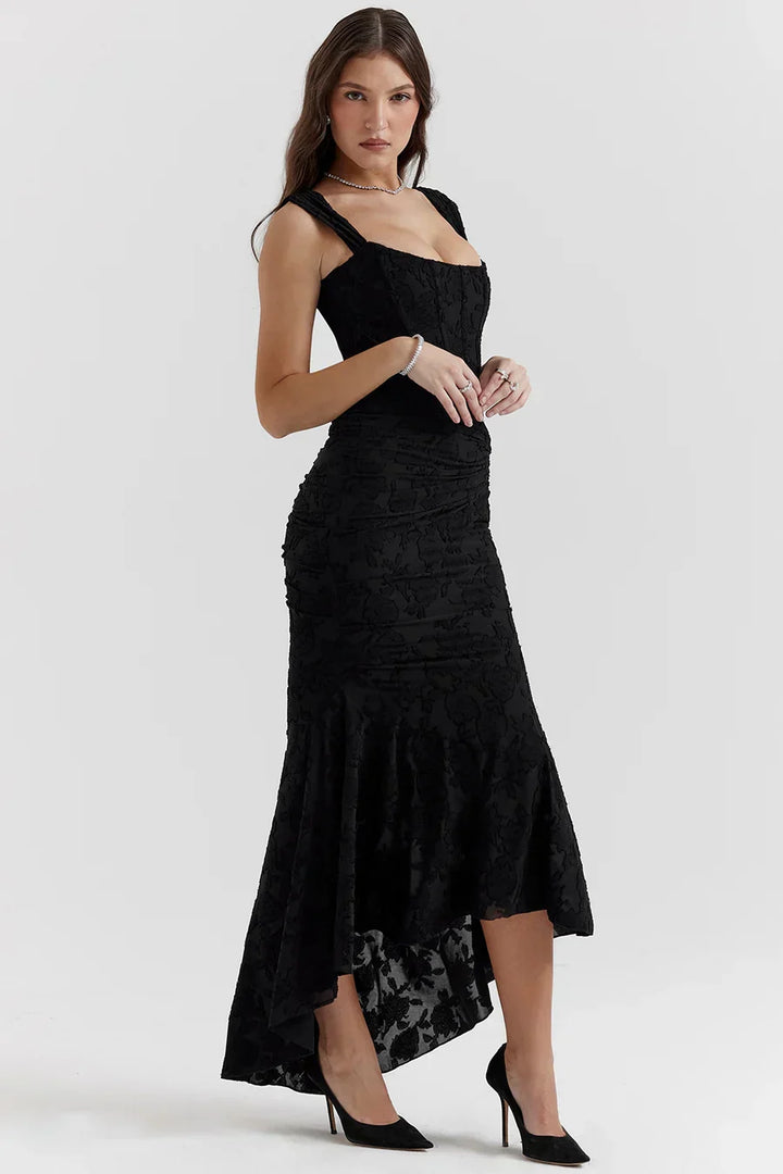 Women's Square Neck Ruched Waist Fishtail Hem Sleeveless Dress | Midi