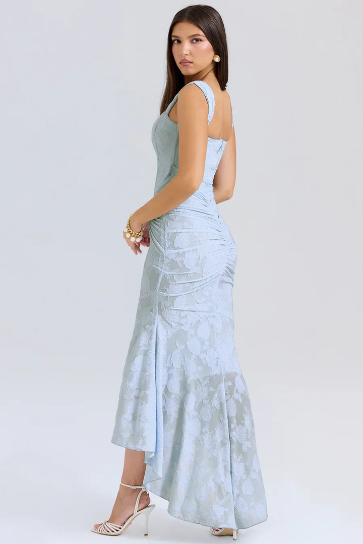 Women's Square Neck Ruched Waist Fishtail Hem Sleeveless Dress | Midi