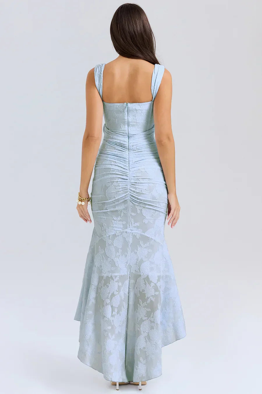 Women's Square Neck Ruched Waist Fishtail Hem Sleeveless Dress | Midi