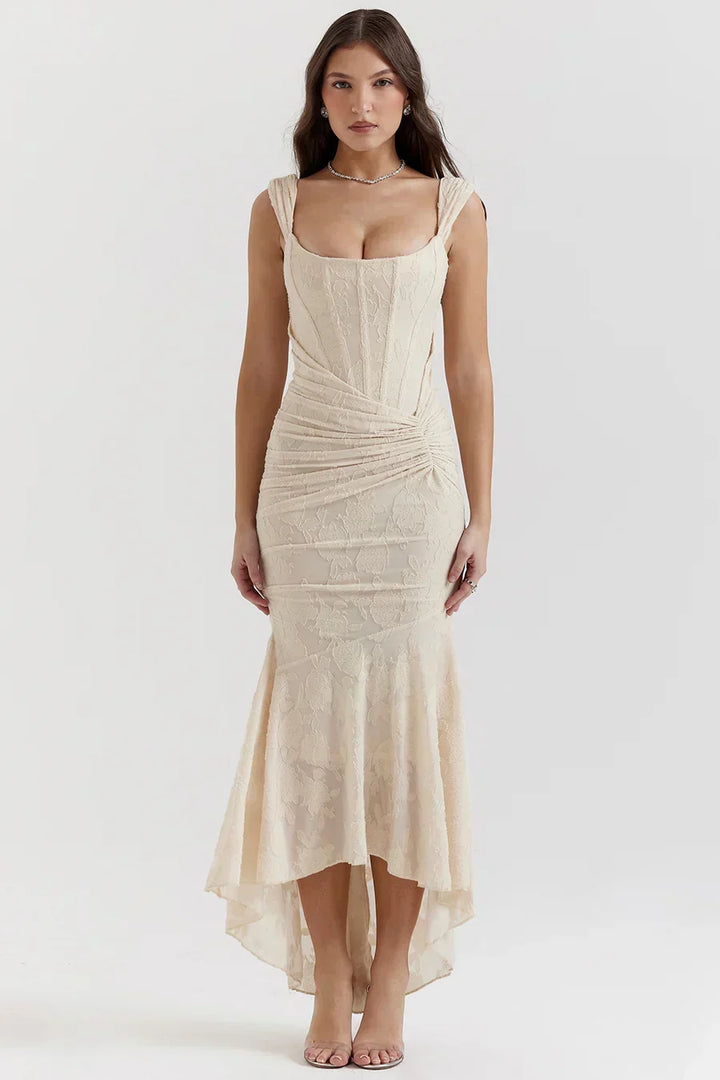 Women's Square Neck Ruched Waist Fishtail Hem Sleeveless Dress | Midi