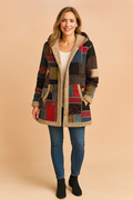 Freya | Women's Long Relaxed-Fit Hooded Jacket with a Patchwork Pattern