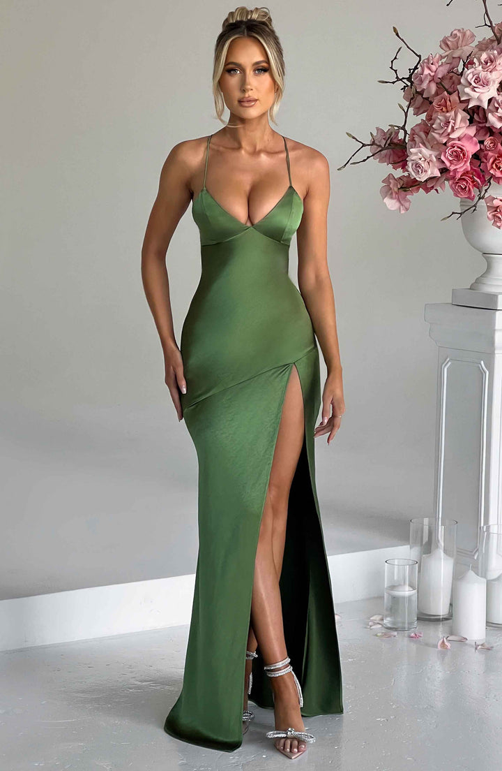 Women's V-Neck Spaghetti Strap Dress | Maxi with High Slit and Fitted Cut