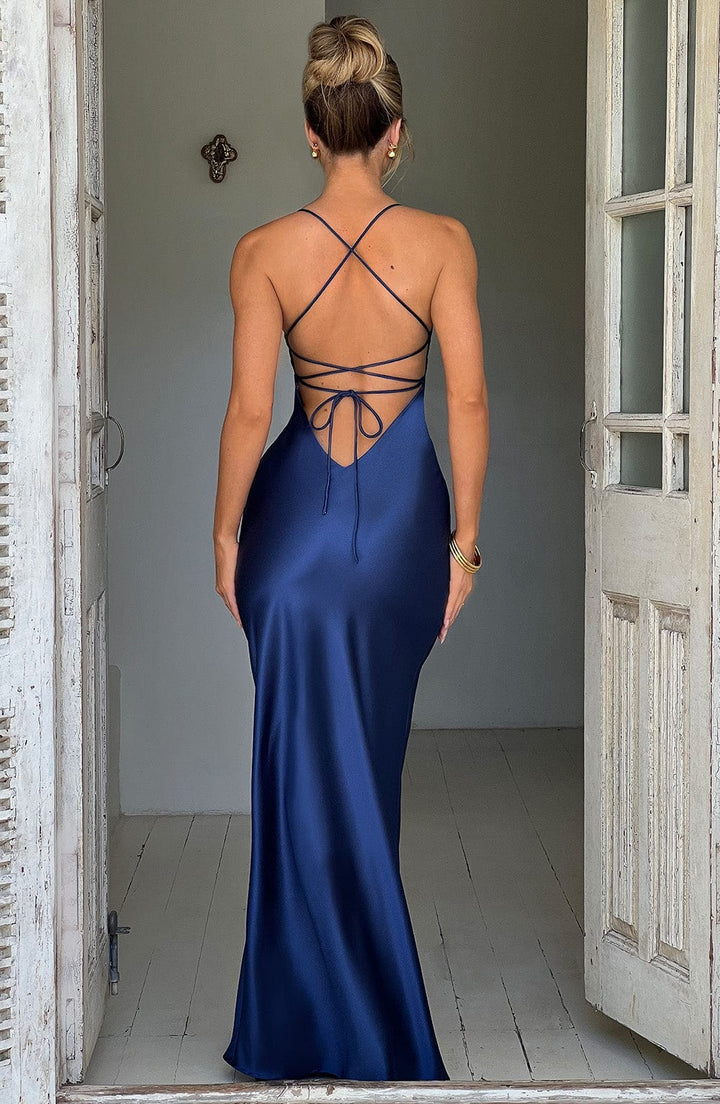 Women's V-Neck Spaghetti Strap Dress | Maxi with High Slit and Fitted Cut