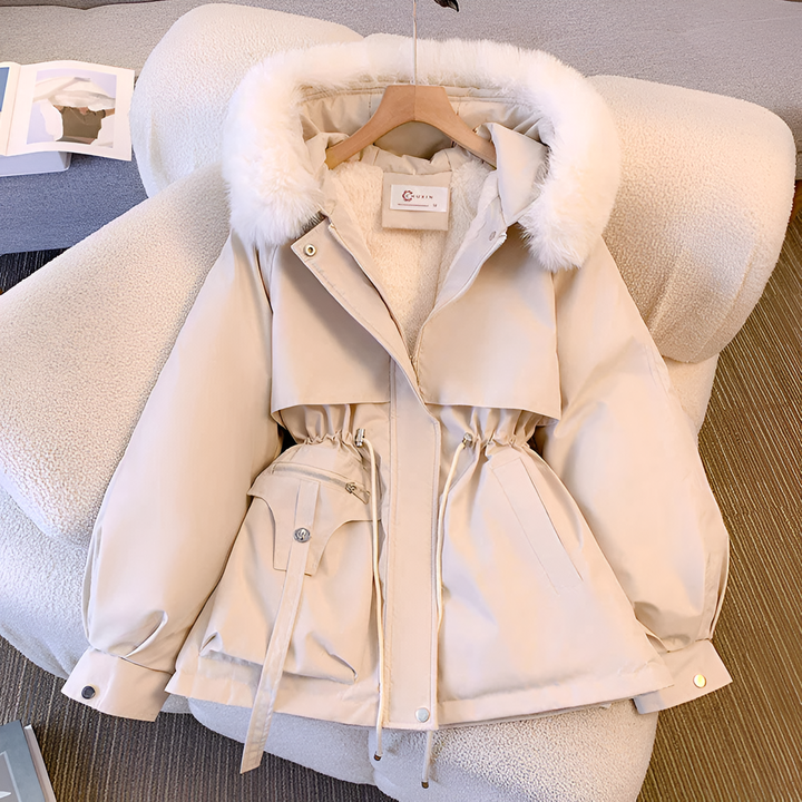 Women's Winter Jacket with Hood, Faux Fur, and Waist Tie | Down Jacket