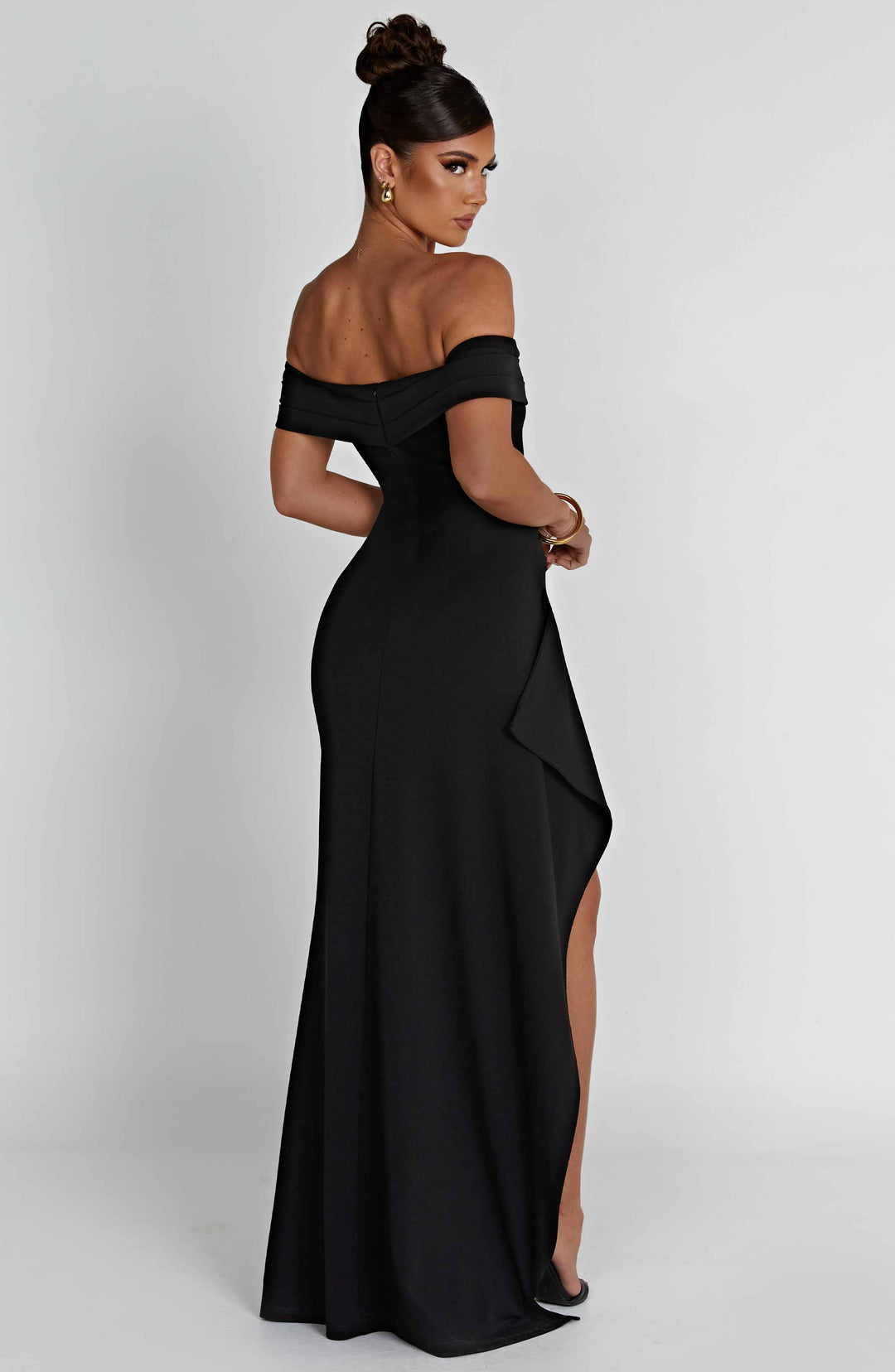 Women's Off-Shoulder Ruched High Slit Fitted Maxi Dress