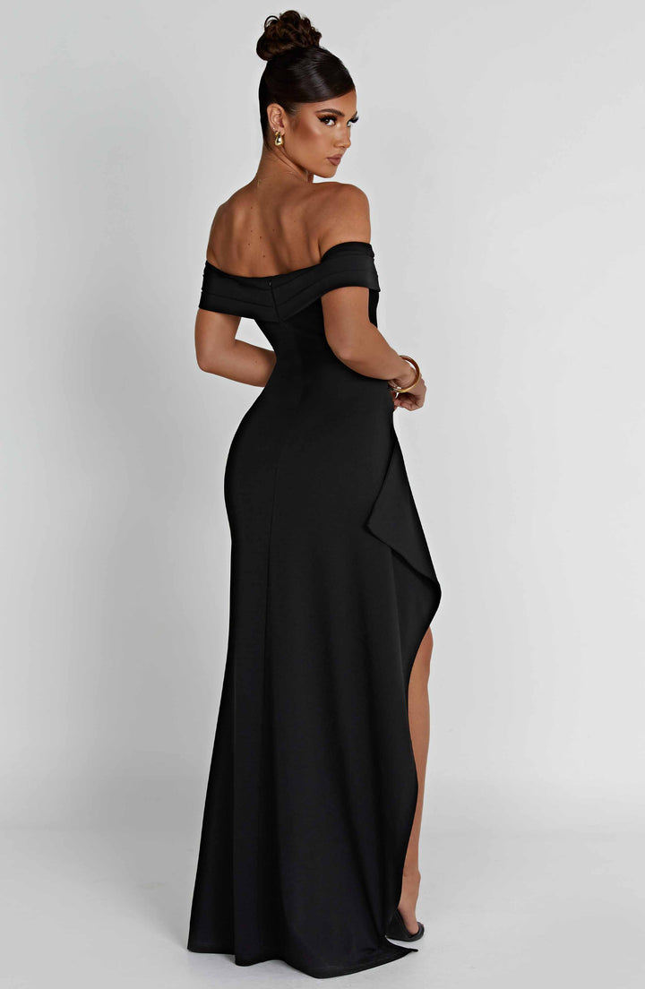 Women's Off-Shoulder Ruched High Slit Fitted Maxi Dress
