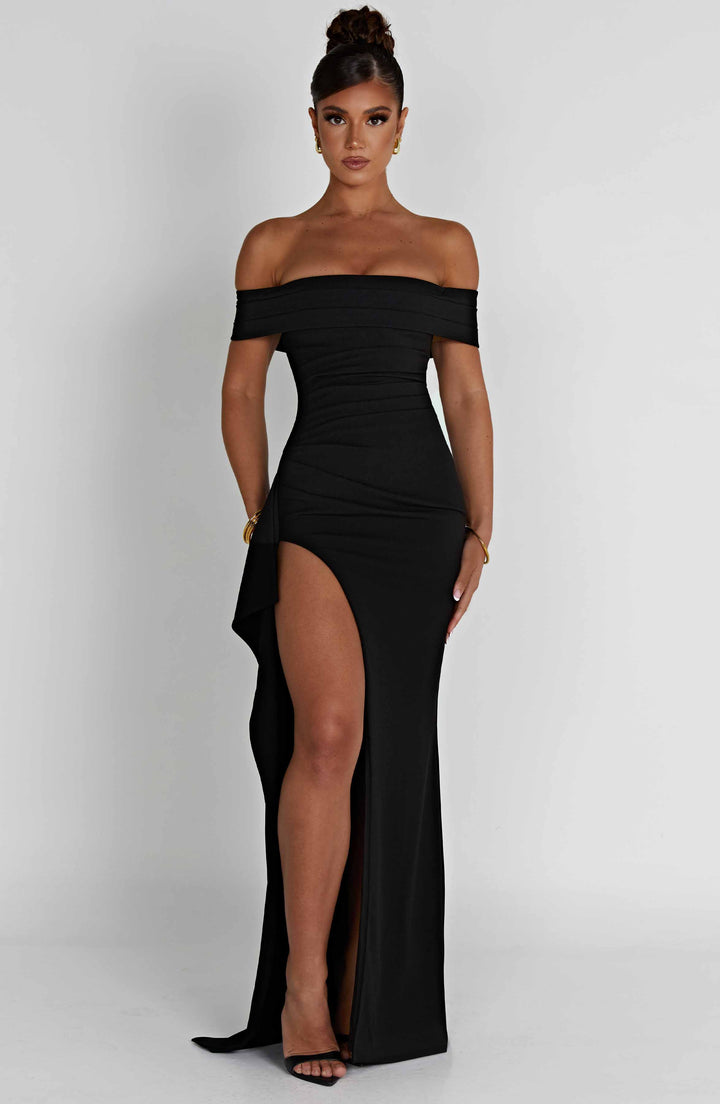 Women's Off-Shoulder Ruched High Slit Fitted Maxi Dress