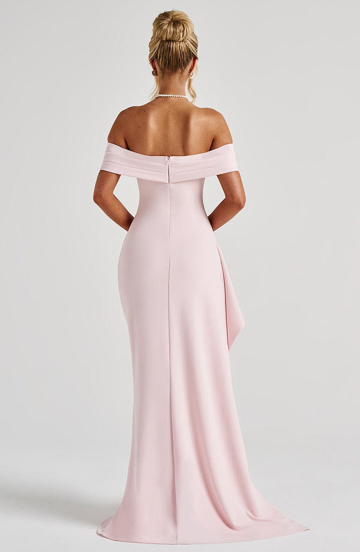 Women's Off-Shoulder Ruched High Slit Fitted Maxi Dress