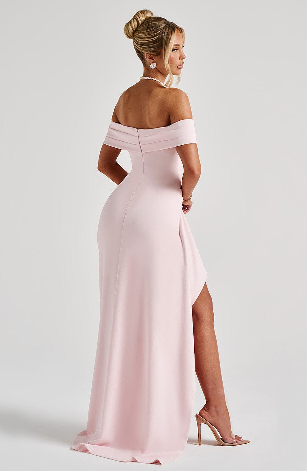 Women's Off-Shoulder Ruched High Slit Fitted Maxi Dress