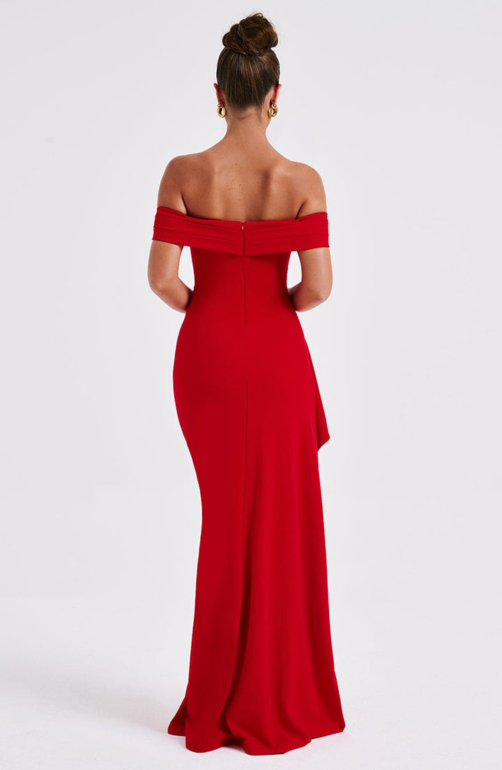 Women's Off-Shoulder Ruched High Slit Fitted Maxi Dress