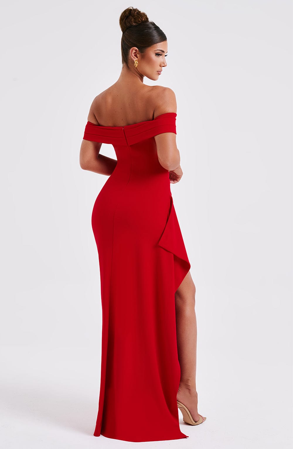 Women's Off-Shoulder Ruched High Slit Fitted Maxi Dress