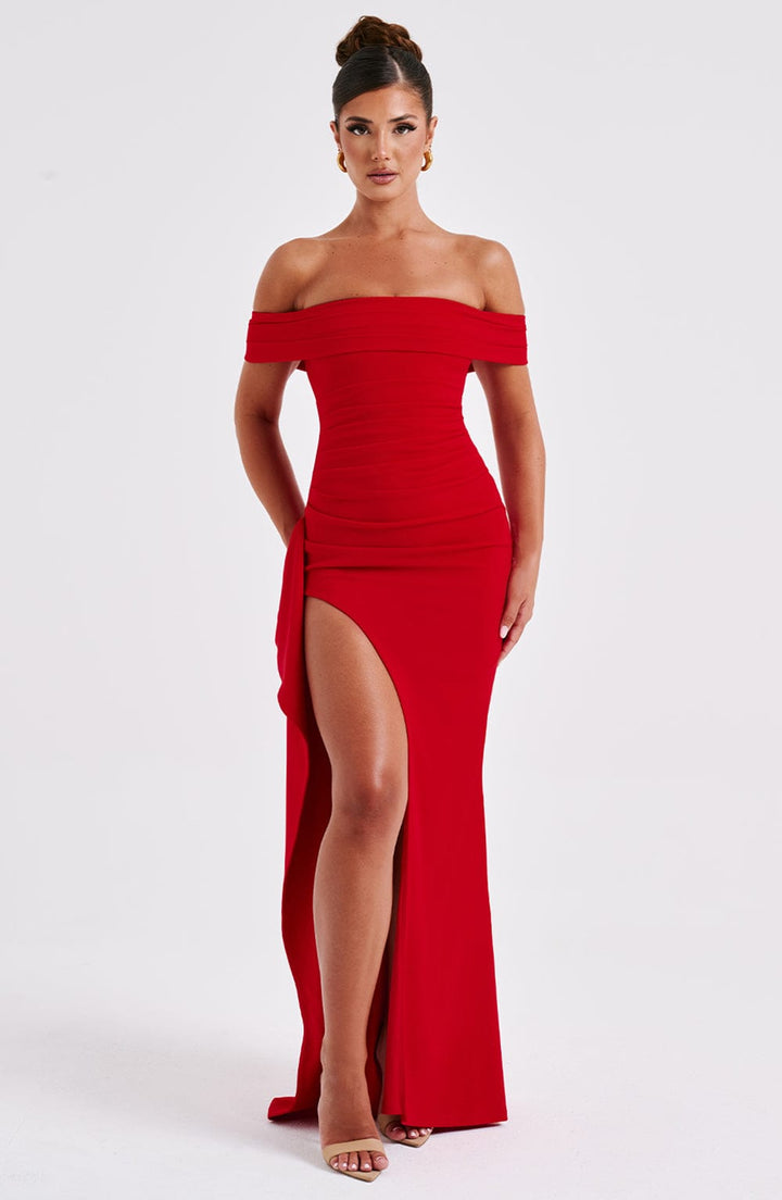 Women's Off-Shoulder Ruched High Slit Fitted Maxi Dress