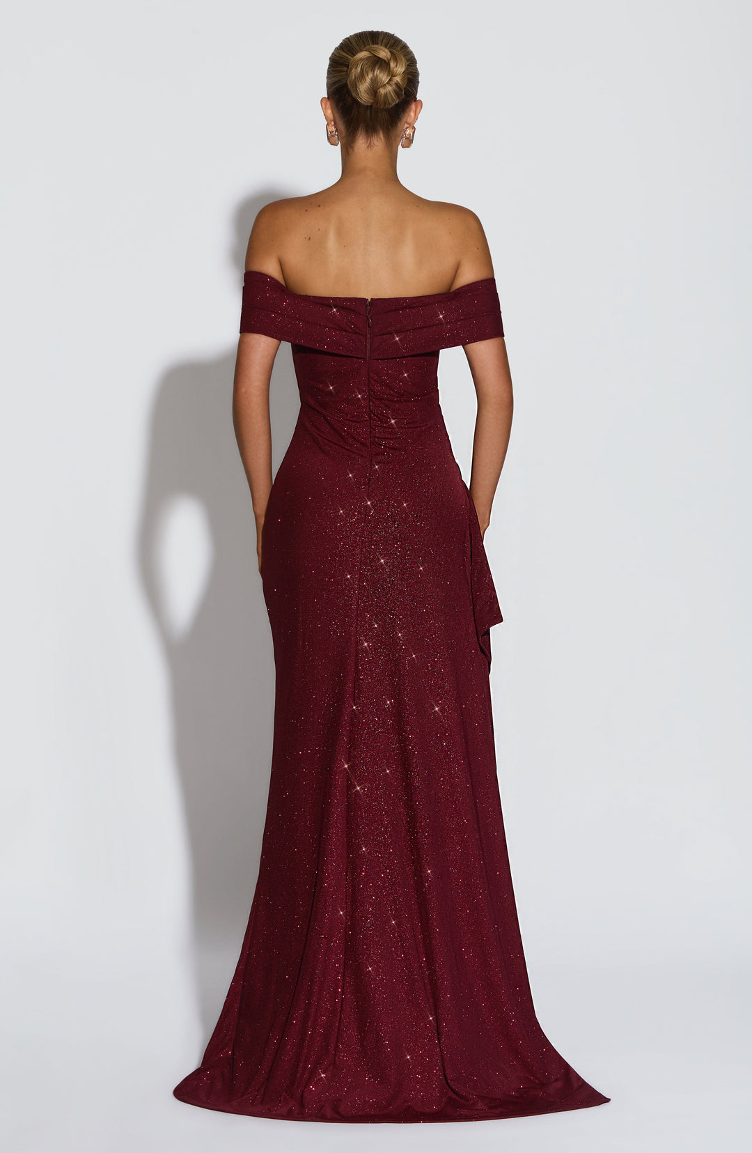 Women's Off-Shoulder Ruched High Slit Fitted Maxi Dress