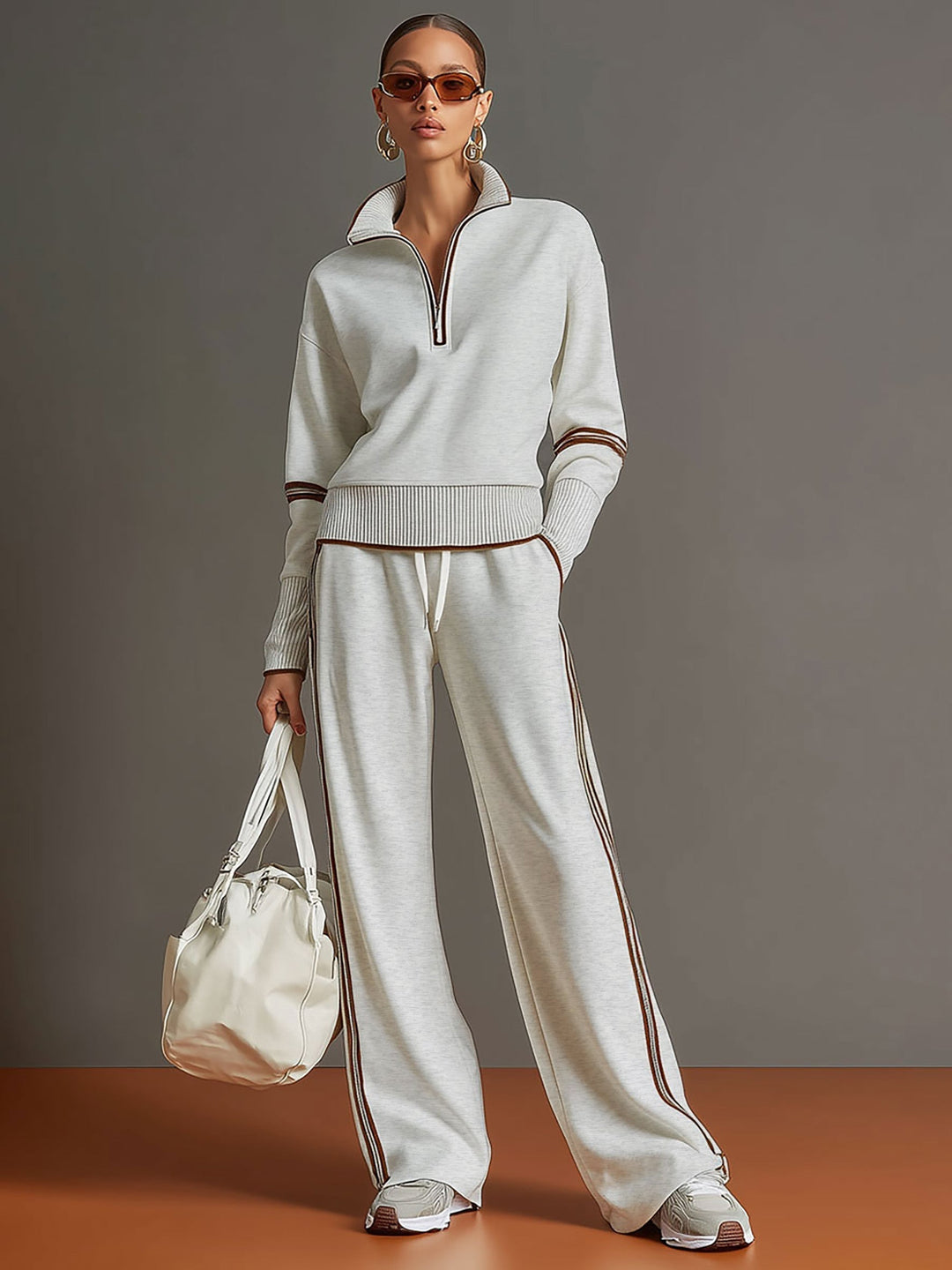 Vivienne | Damski Dwuczęściowy Zestaw z Bluzą Half-Zip i Spodniami z Szeroką Nogawką