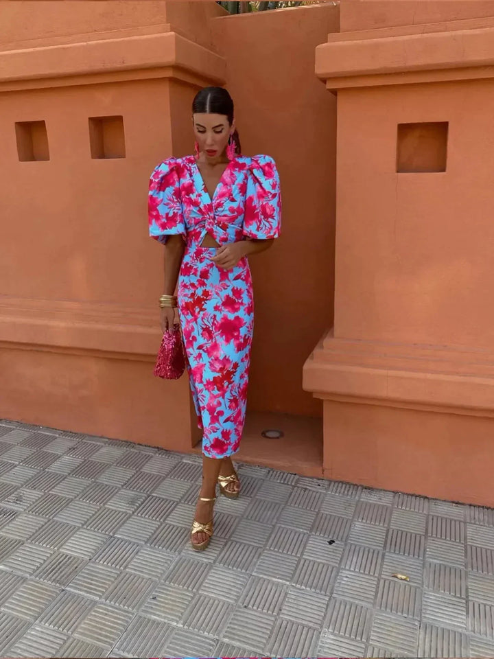 Damska Sukienka z Printem, Dekoltem V i Bufiastymi Rękawami | Midi