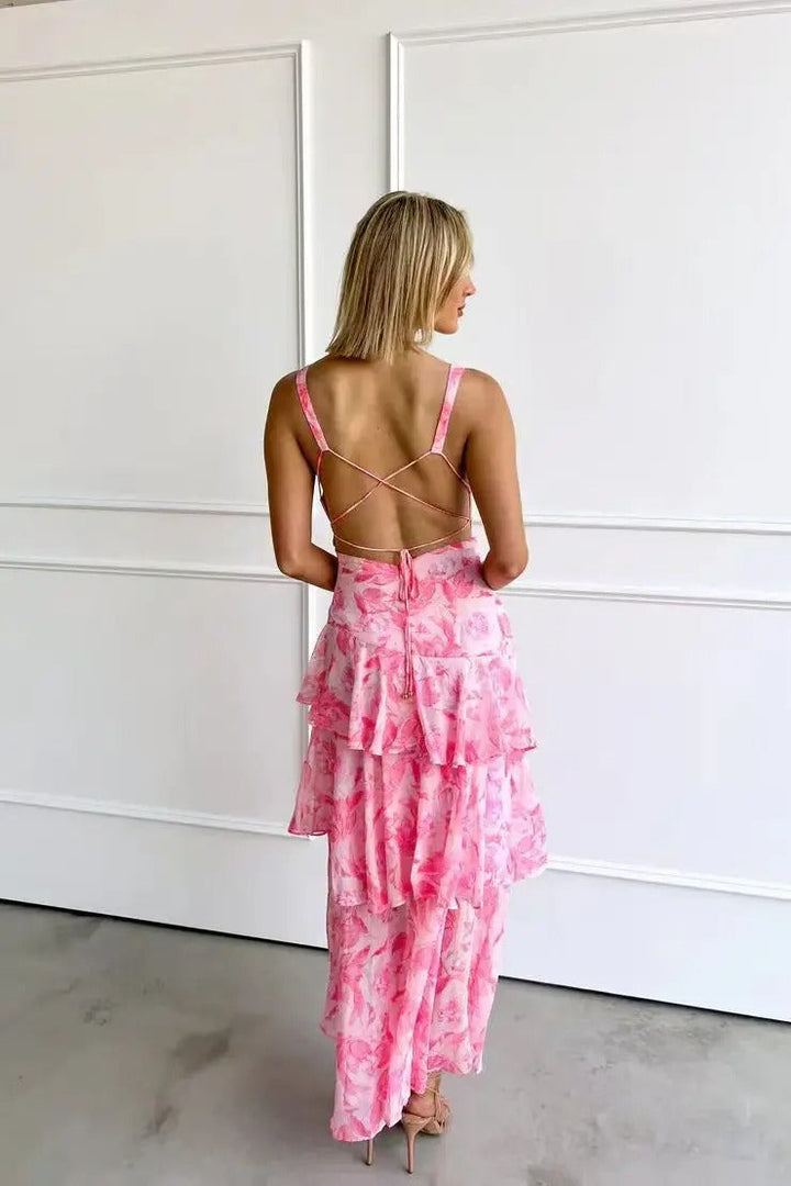 Women's Maxi Dress with Floral Pattern, Sleeveless, V-Neck, Layered Skirt | Vacation Style
