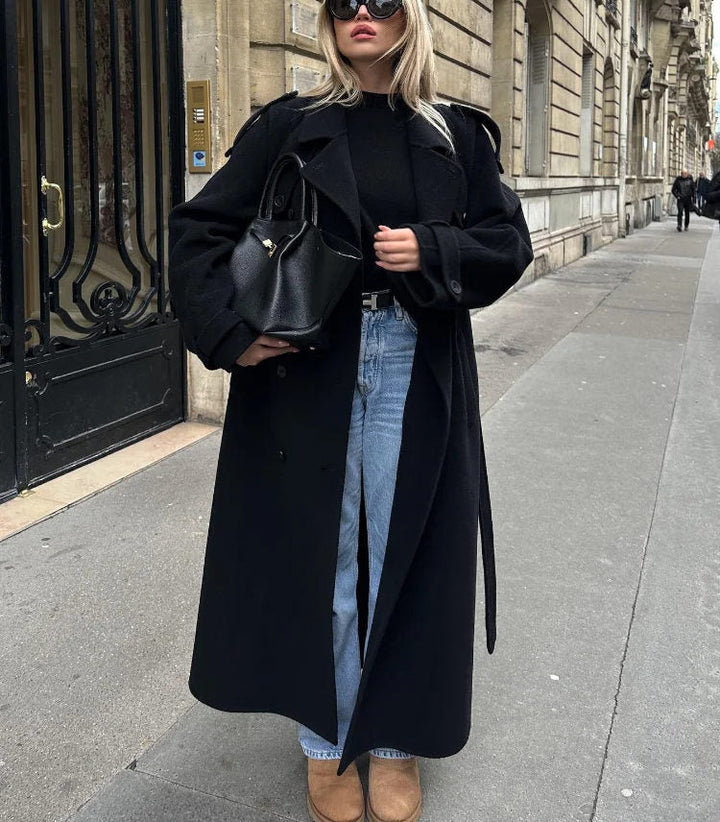 Women's Double-Breasted Long Coat with Notched Collar | Maxi