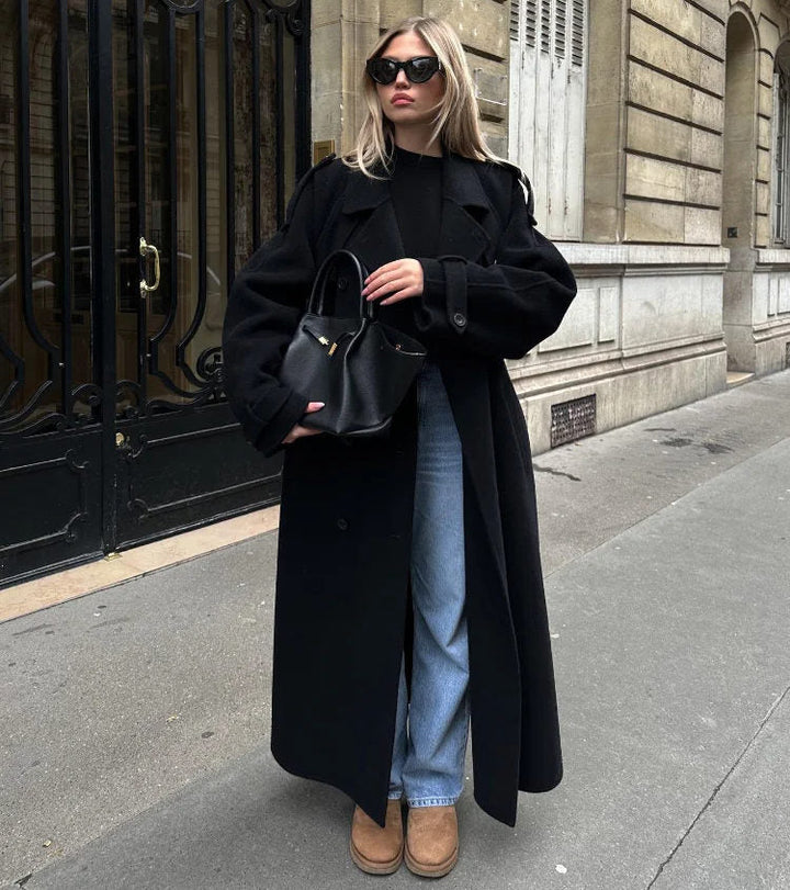 Women's Double-Breasted Long Coat with Notched Collar | Maxi