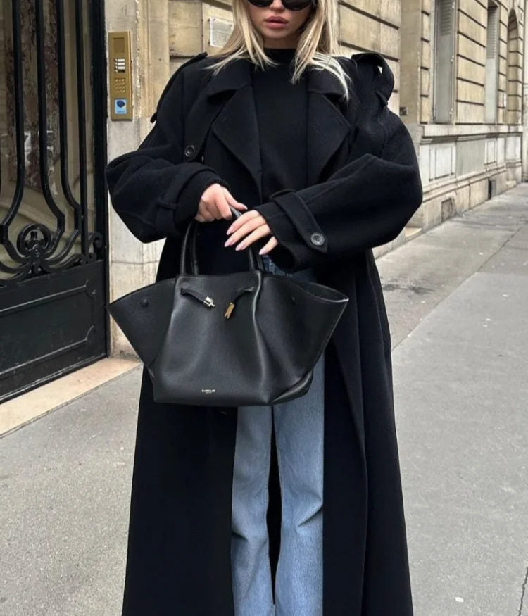 Women's Double-Breasted Long Coat with Notched Collar | Maxi
