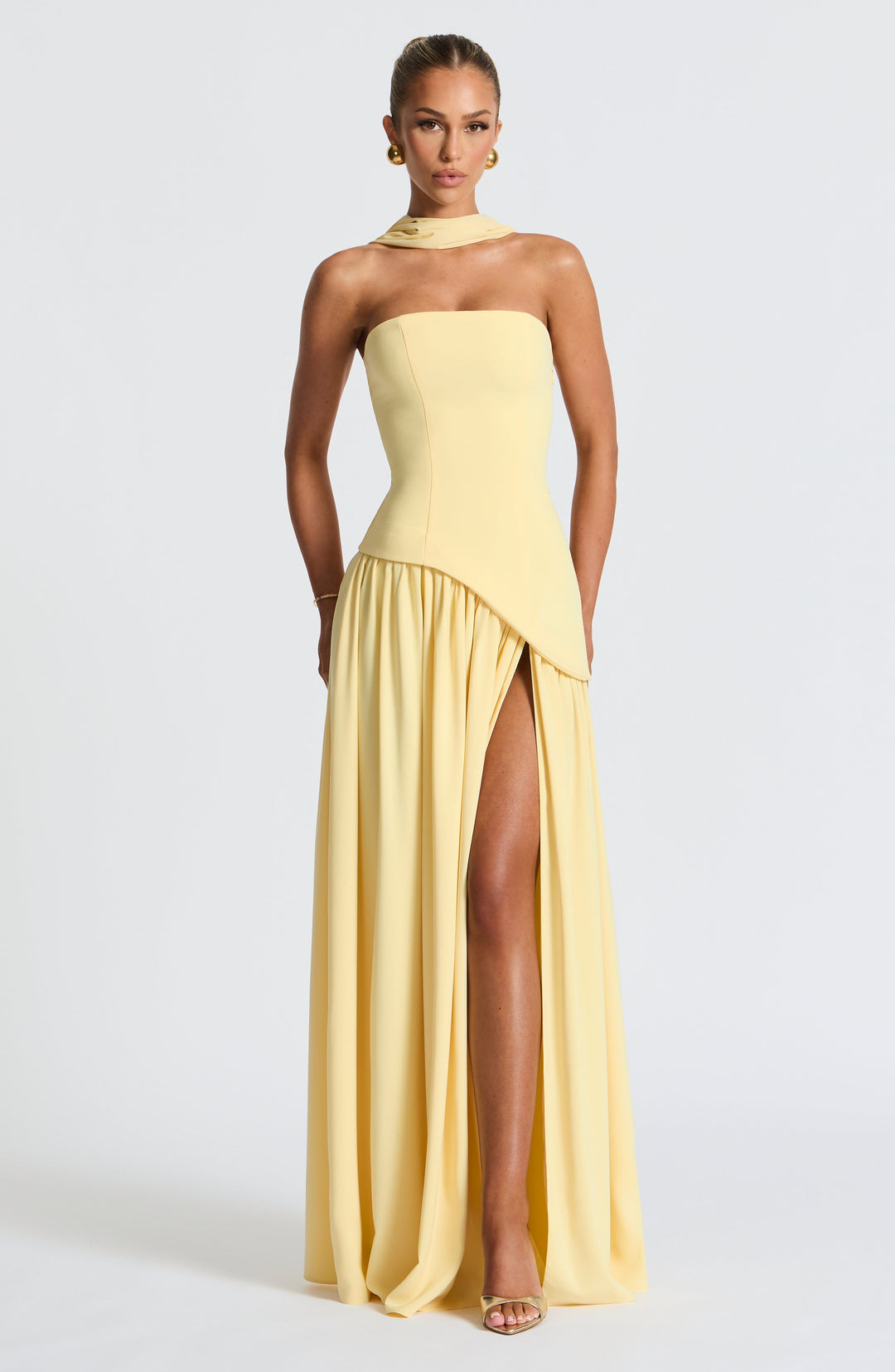 Women's sleeveless dress with Bardot neckline and high slit | Long