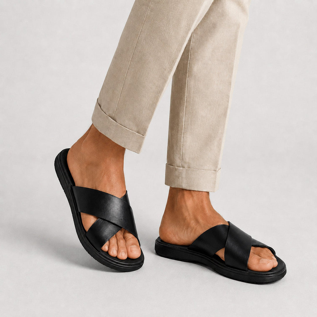 Mateo | Men’s Leather-Style Slides with Crossed Straps and Non-Slip Sole